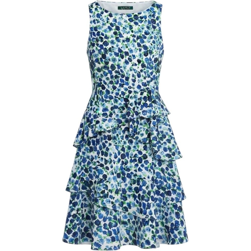 Lauren Ralph Lauren Floral Tiered Sleeveless Dress Blue Green Ruffle Size 12